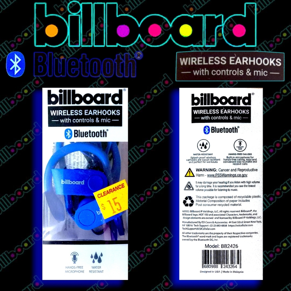 Billboard Wireless Earhooks with Controls & Mic | Blue (Model BB2426) Bluetooth